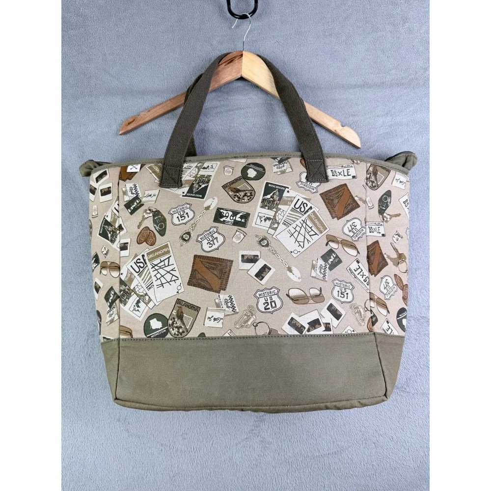 Lands End x Blake Shelton Road Trip Print Canvas Zip Top Tote Bag Olive Khaki
